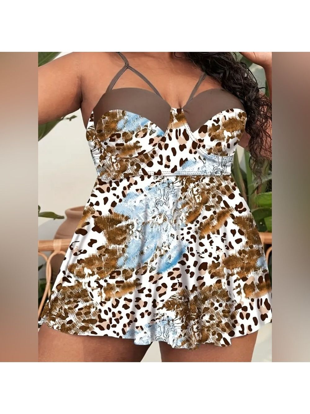 Plus Size Leopard Print Strappy Tankini Set